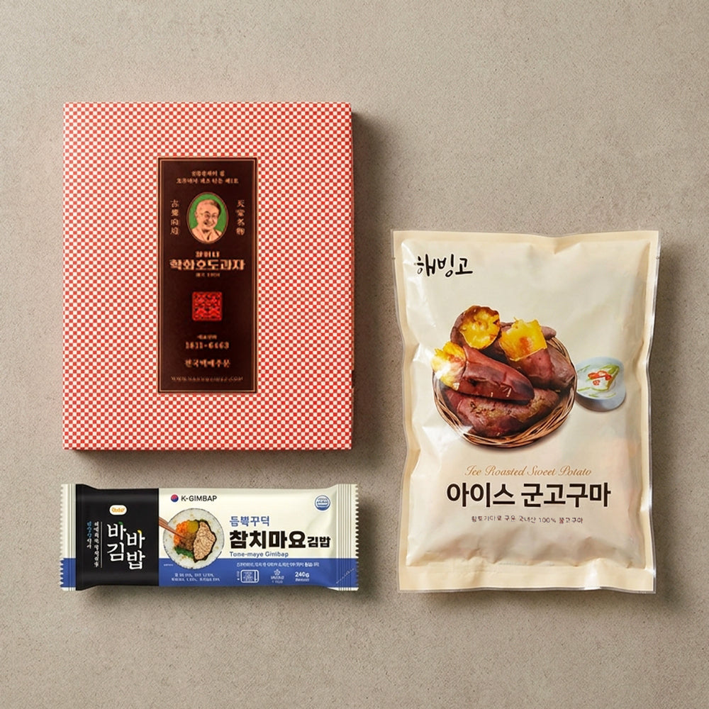 [스낵박스] 학화호도과자 600g + [바바김밥] 참치마요김밥 240g x 3팩 + [여주대일] 아이스 군고구마 해빙고 (묶음)_ 타임딜