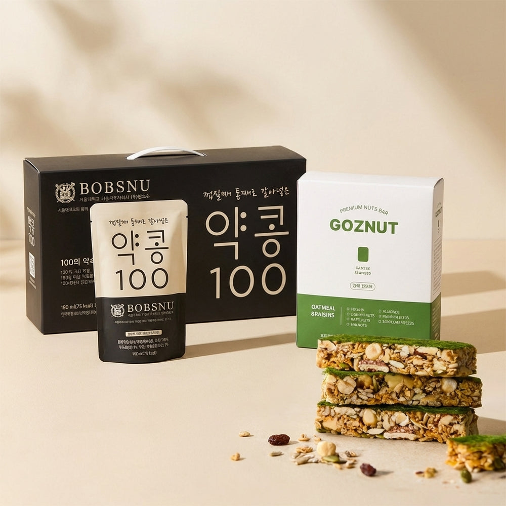 [Bobsnu] Yakkong 100 Soy Milk (190ml x 20) x 2Box + [Goznut] Gamtae Nuts Bar x 2Box