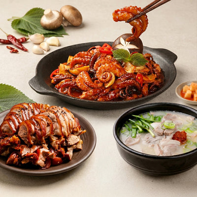 [포틀럭 세트] 울타리 명품족발 (1.4lb - 1.8lb) + 부산 돼지국밥 2lb + [주현푸드] 하남쭈꾸미 보통매운맛 350g (묶음)_타임딜